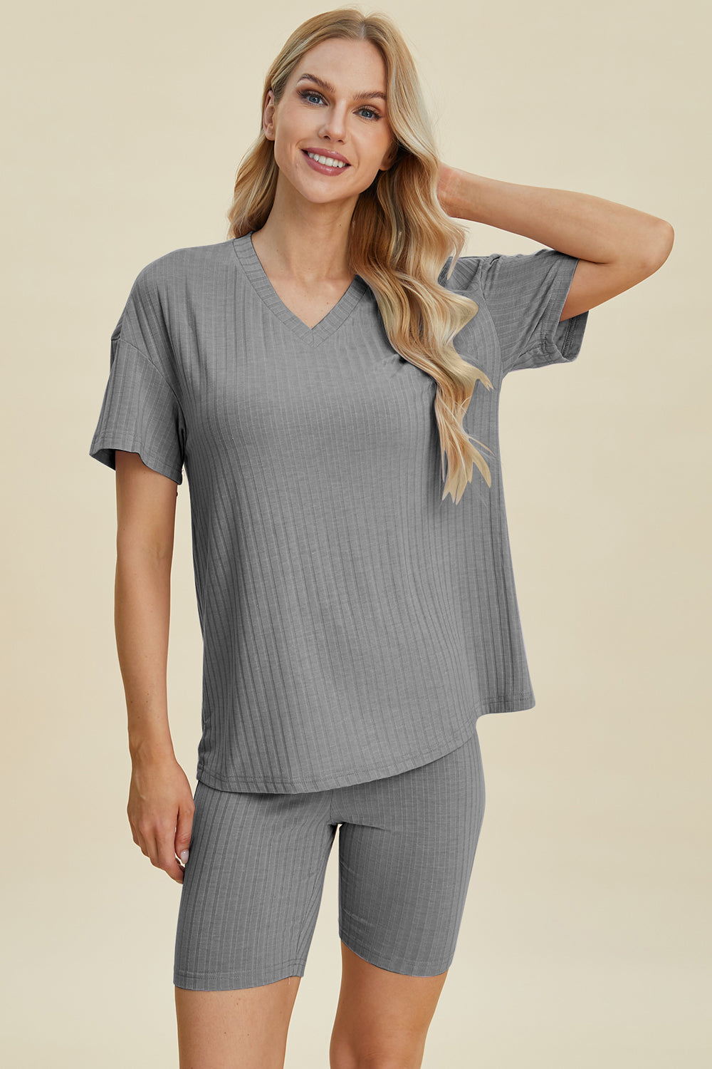 Full Size Ribbed V-neck Short Sleeve Top and Shorts Set - MeeeShop Women's Fashion