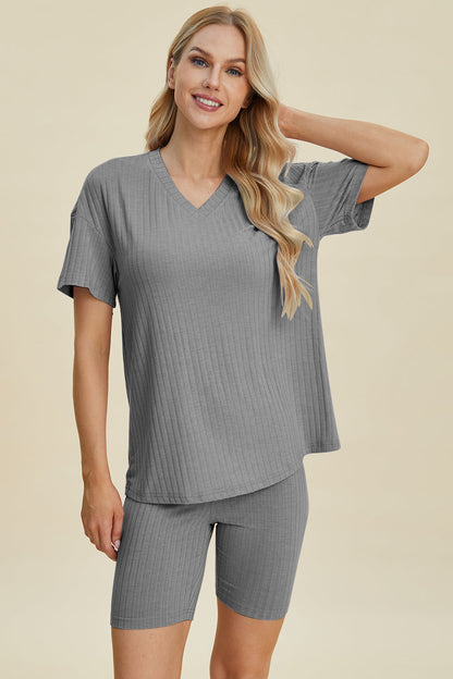 Full Size Ribbed V-neck Short Sleeve Top and Shorts Set - MeeeShop Women's Fashion