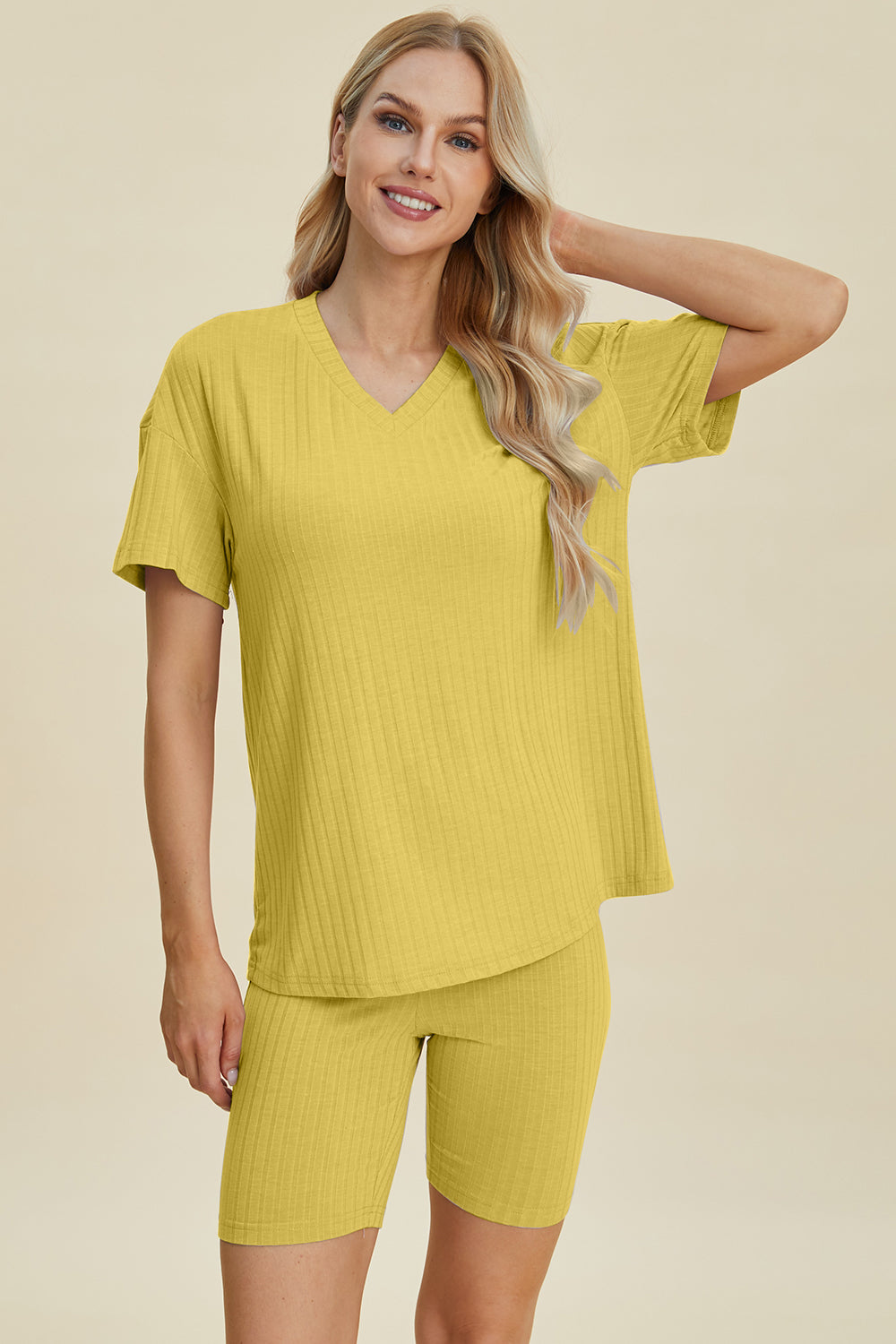 Full Size Ribbed V-neck Short Sleeve Top and Shorts Set - MeeeShop Women's Fashion