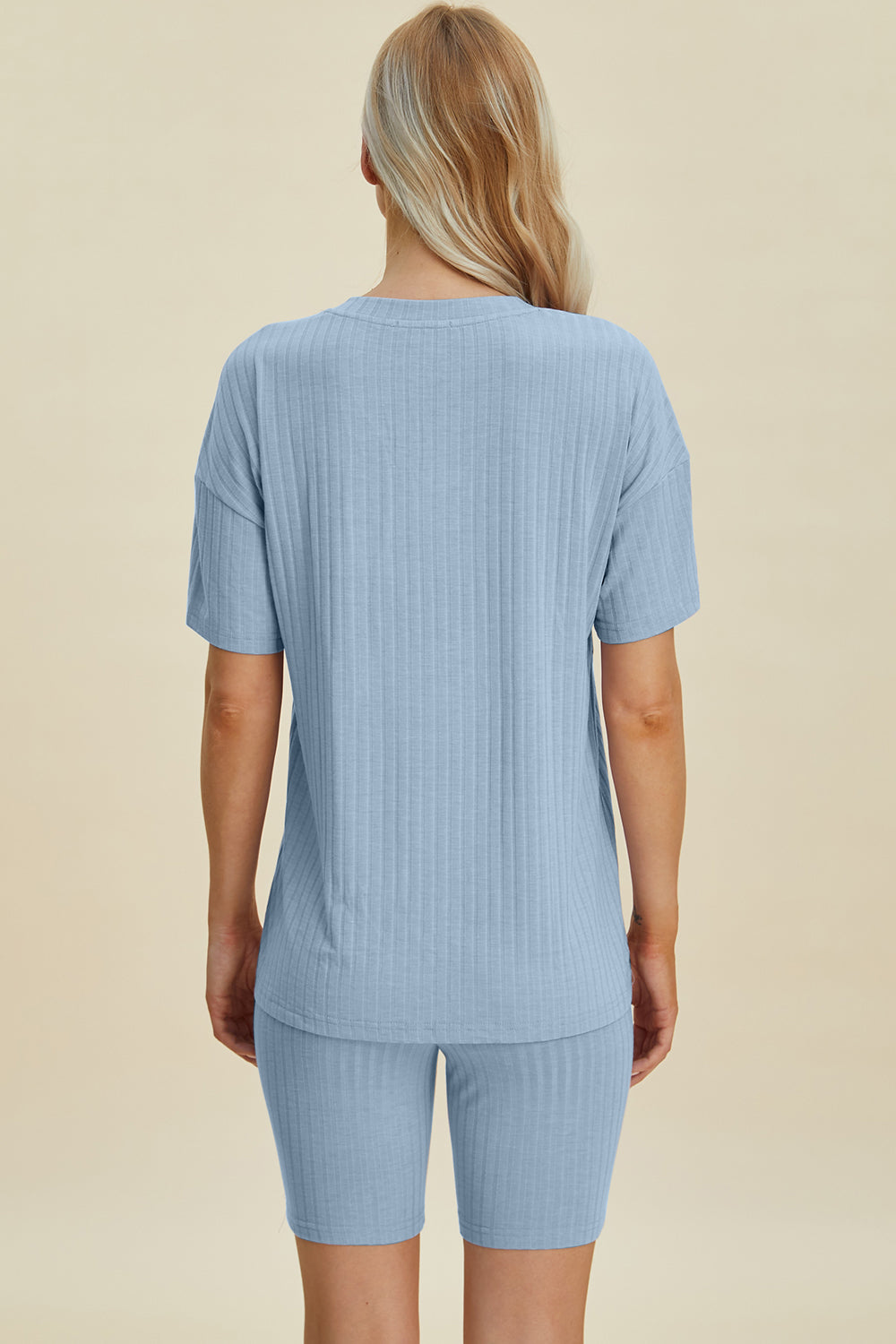 Full Size Ribbed V-neck Short Sleeve Top and Shorts Set - MeeeShop Women's Fashion