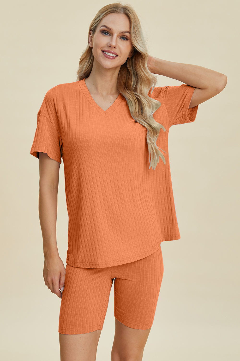 Full Size Ribbed V-neck Short Sleeve Top and Shorts Set - MeeeShop Women's Fashion