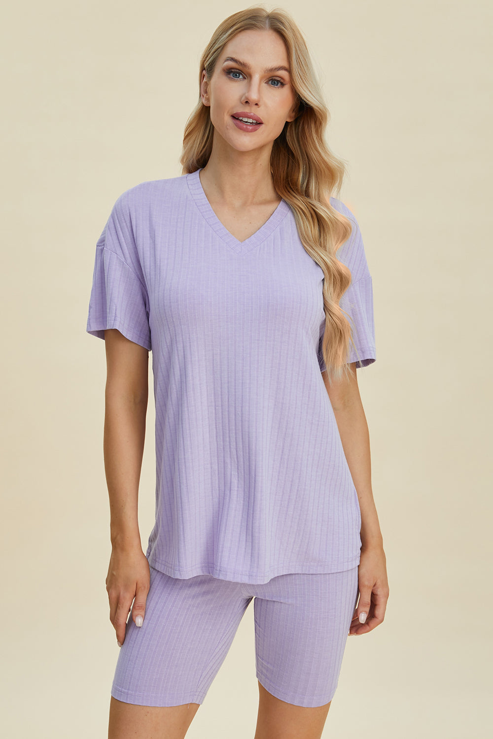Full Size Ribbed V-neck Short Sleeve Top and Shorts Set - MeeeShop Women's Fashion