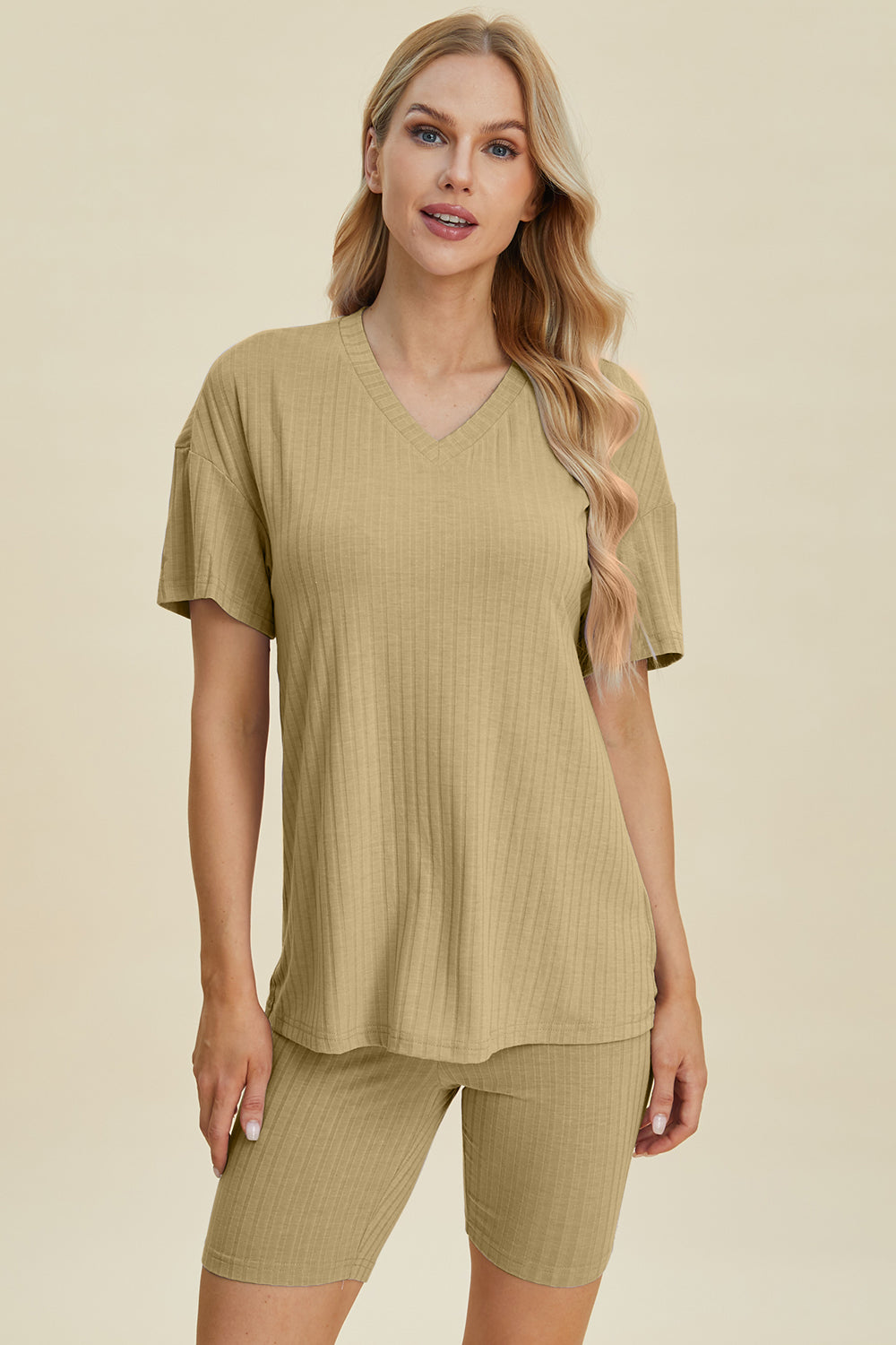 Full Size Ribbed V-neck Short Sleeve Top and Shorts Set - MeeeShop Women's Fashion