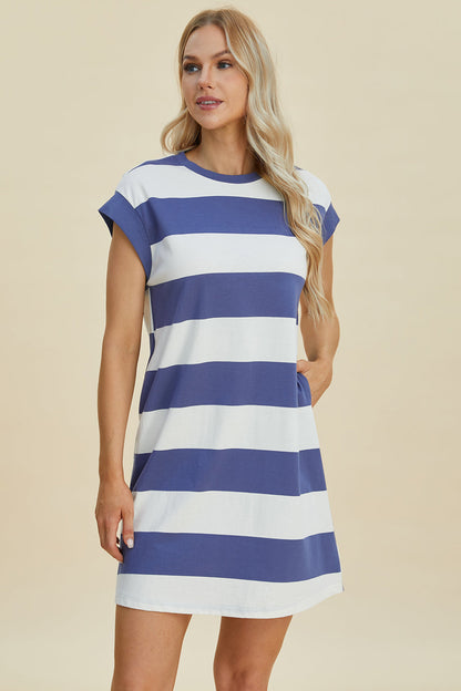 Full Size Striped Round Neck Cap Sleeve Mini Dress - MeeeShop Women's Fashion