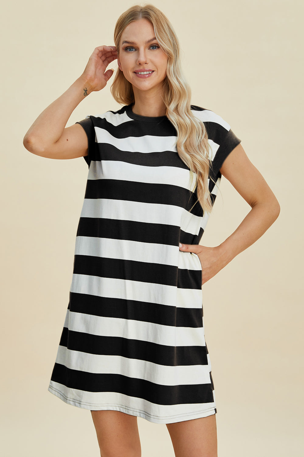 Full Size Striped Round Neck Cap Sleeve Mini Dress - MeeeShop Women's Fashion