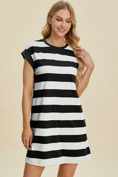Full Size Striped Round Neck Cap Sleeve Mini Dress - MeeeShop Women's Fashion