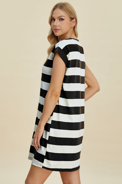 Full Size Striped Round Neck Cap Sleeve Mini Dress - MeeeShop Women's Fashion