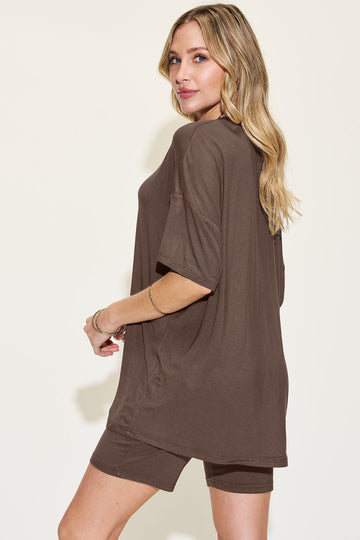 Full Size V-neck Drop Shoulder T-shirt and Shorts Set - MeeeShop Women's Fashion