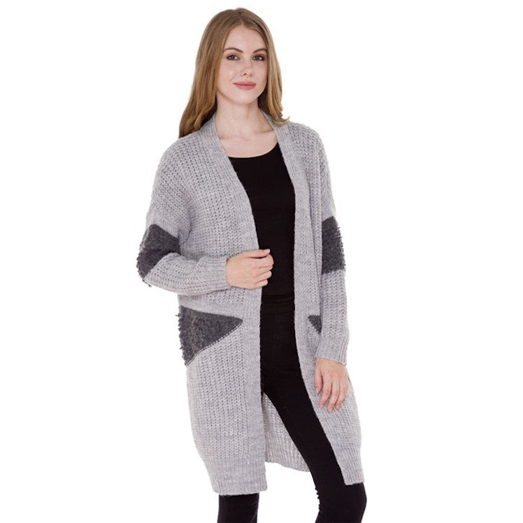 Furry Long Cardigan Poncho Outwear Shawl Cover up Top in Grey - Fuzzy Long Cardigan