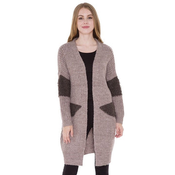 Furry Long Cardigan Poncho Outwear Shawl Cover up Top in Khaki view 2 - Fuzzy Long Cardigan