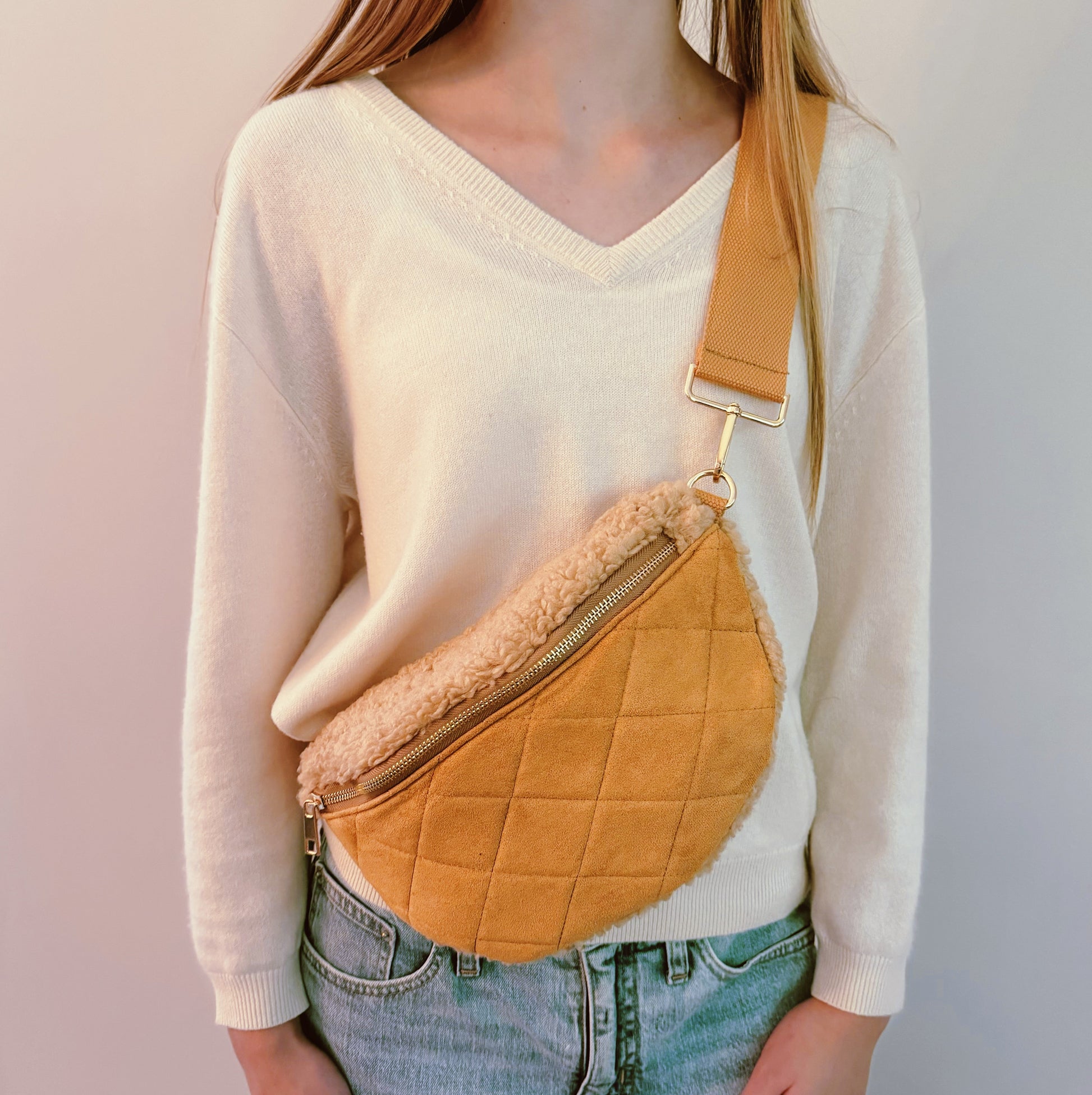 Fuzzy and Quilted Luxe Sling Bag in Camel view 2