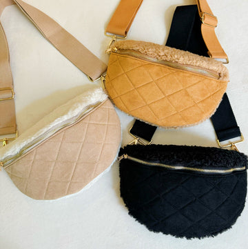 Fuzzy and Quilted Luxe Sling Bag in Taupe