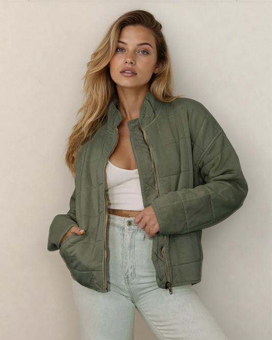 Georgie Zip-up Pocket Quilted Jacket - Green in Green - Georgia Bulldogs Full Zip Jacket (layer)