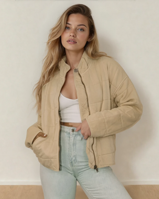 Georgie Zip-up Pocket Quilted Jacket - Khaki in Khaki - Georgia Bulldogs Full Zip Jacket (layer)