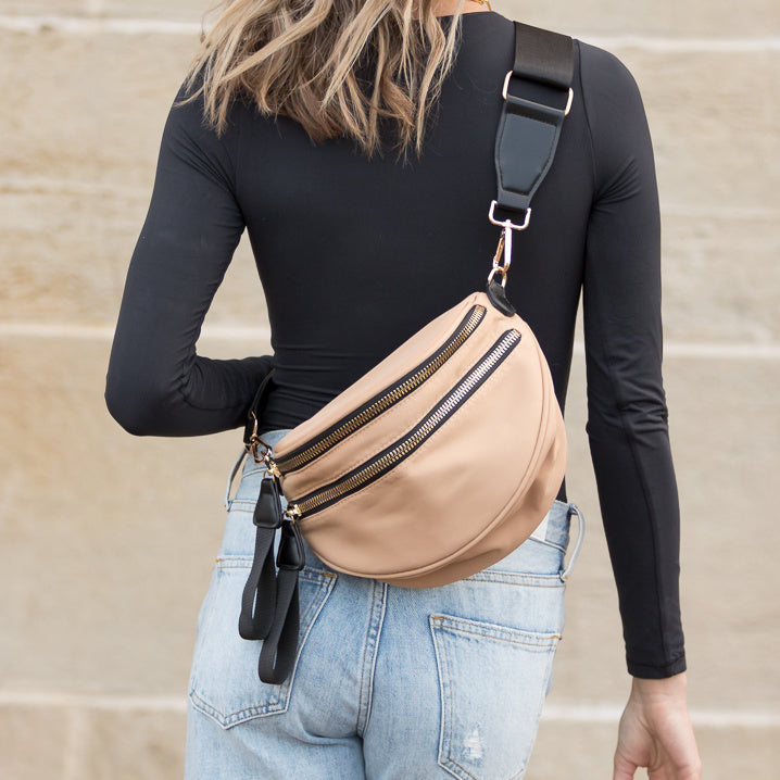 Gia Double Zip Nylon Crescent Sling in Black view 2 (bag)