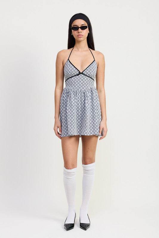 Gingham Halter Neck Mini Dress - us.meeeshop