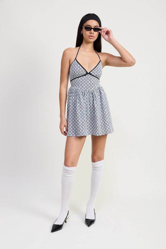 Gingham Halter Neck Mini Dress - us.meeeshop