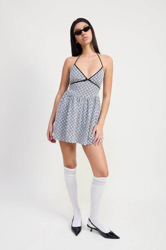 Gingham Halter Neck Mini Dress - us.meeeshop