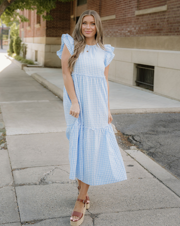 Gingham Knot Back Ruffled Maxi Dress in S - Gingham Knit Dress