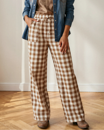 Gingham Tie Elastic Waist Shift Pants in Brown - Comfort Stretch - Gingham Pants Elastic Waist (dress)