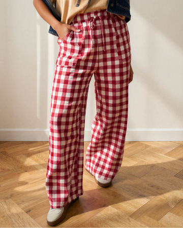 Gingham Tie Elastic Waist Shift Pants in Brown view 2 - Comfort Stretch - Gingham Pants Elastic Waist (dress)