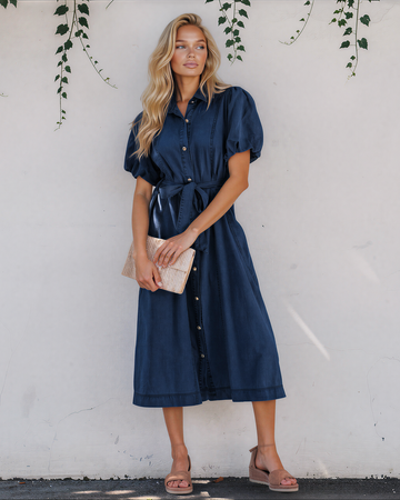 Giselle Collared Short Bubble Sleeve Long Denim Dress in Sail Blue