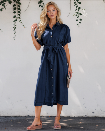 Giselle Collared Short Bubble Sleeve Long Denim Dress in Sail Blue view 2