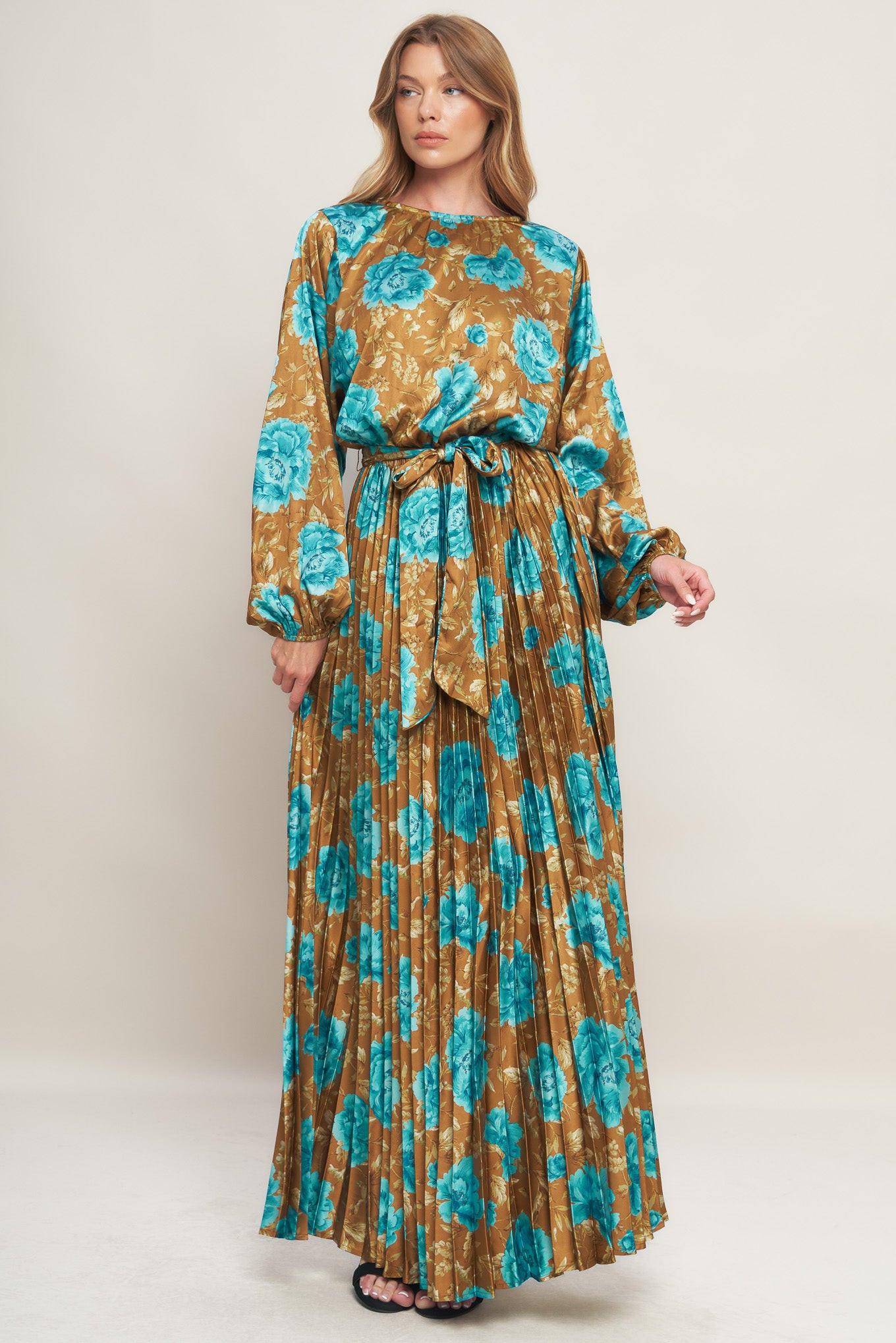 Golden Bloom Luxe Woven Satin Maxi Dress in DIJON view 4 - Golden Blossom Dress