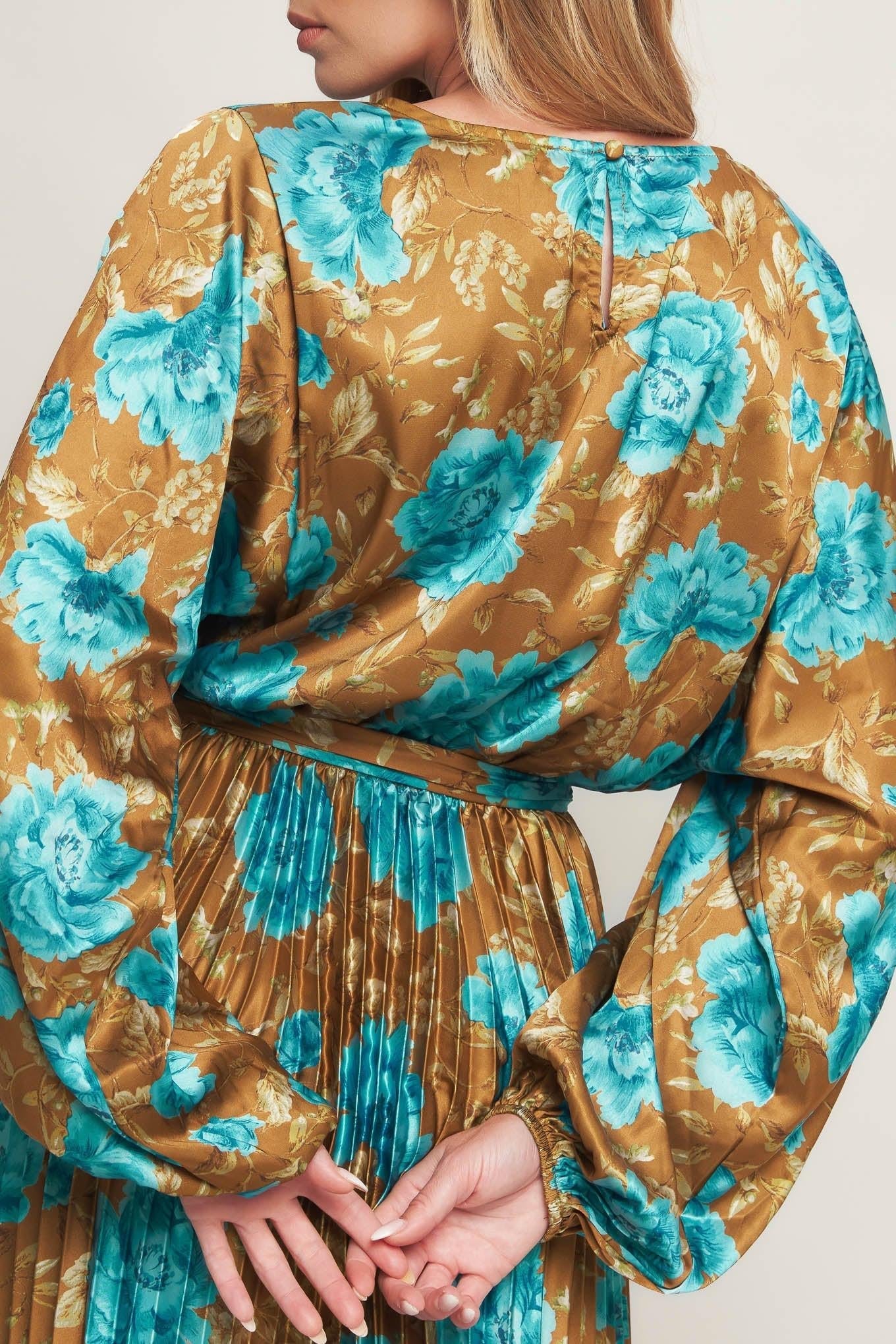 Golden Bloom Luxe Woven Satin Maxi Dress in DIJON view 5 - Golden Blossom Dress