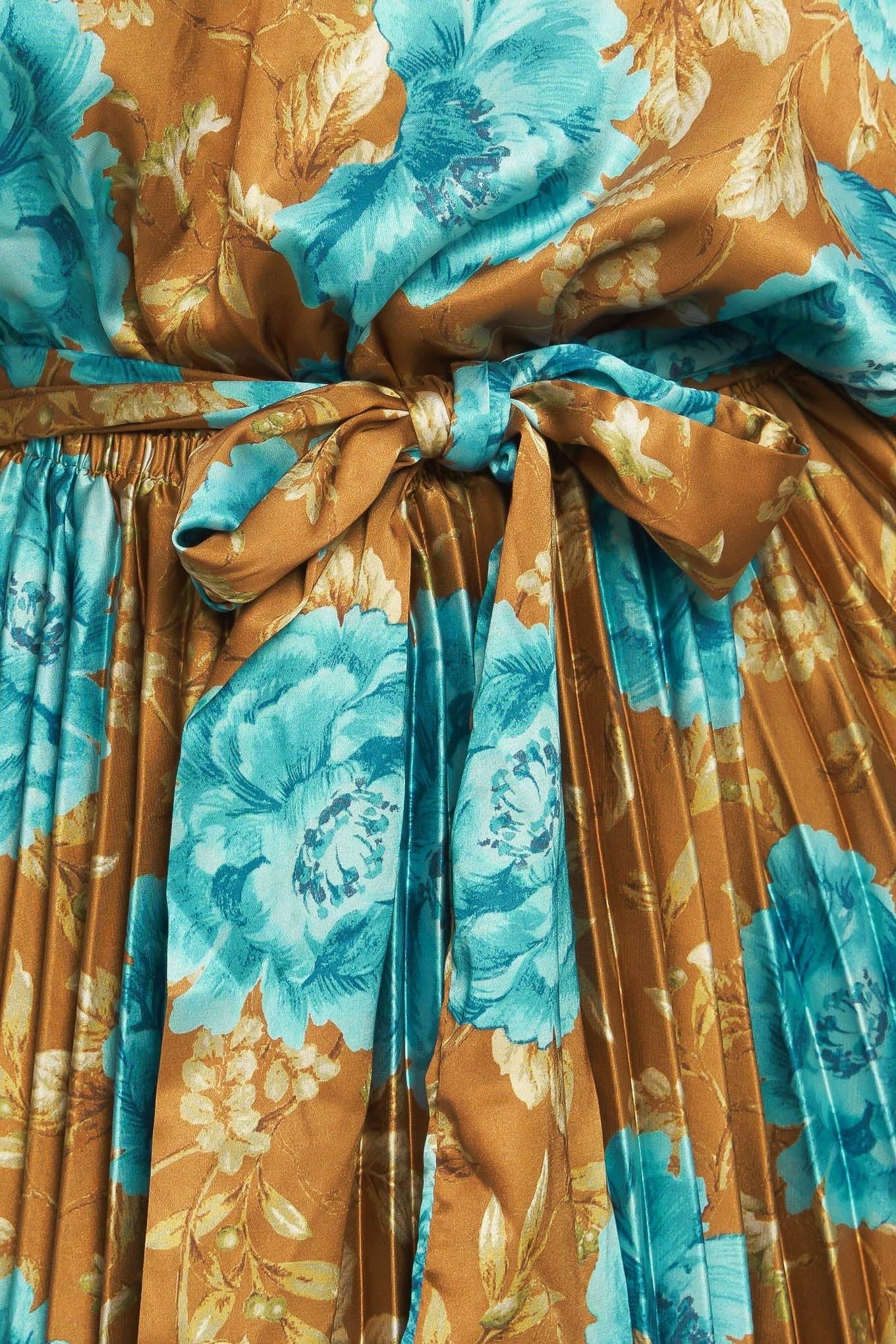 Golden Bloom Luxe Woven Satin Maxi Dress in DIJON view 6 - Golden Blossom Dress