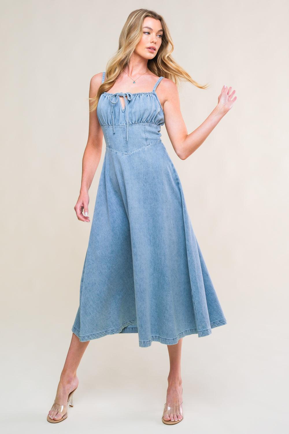 Gorgeous Adornment Denim Mini Dress in LIGHT INDIGO