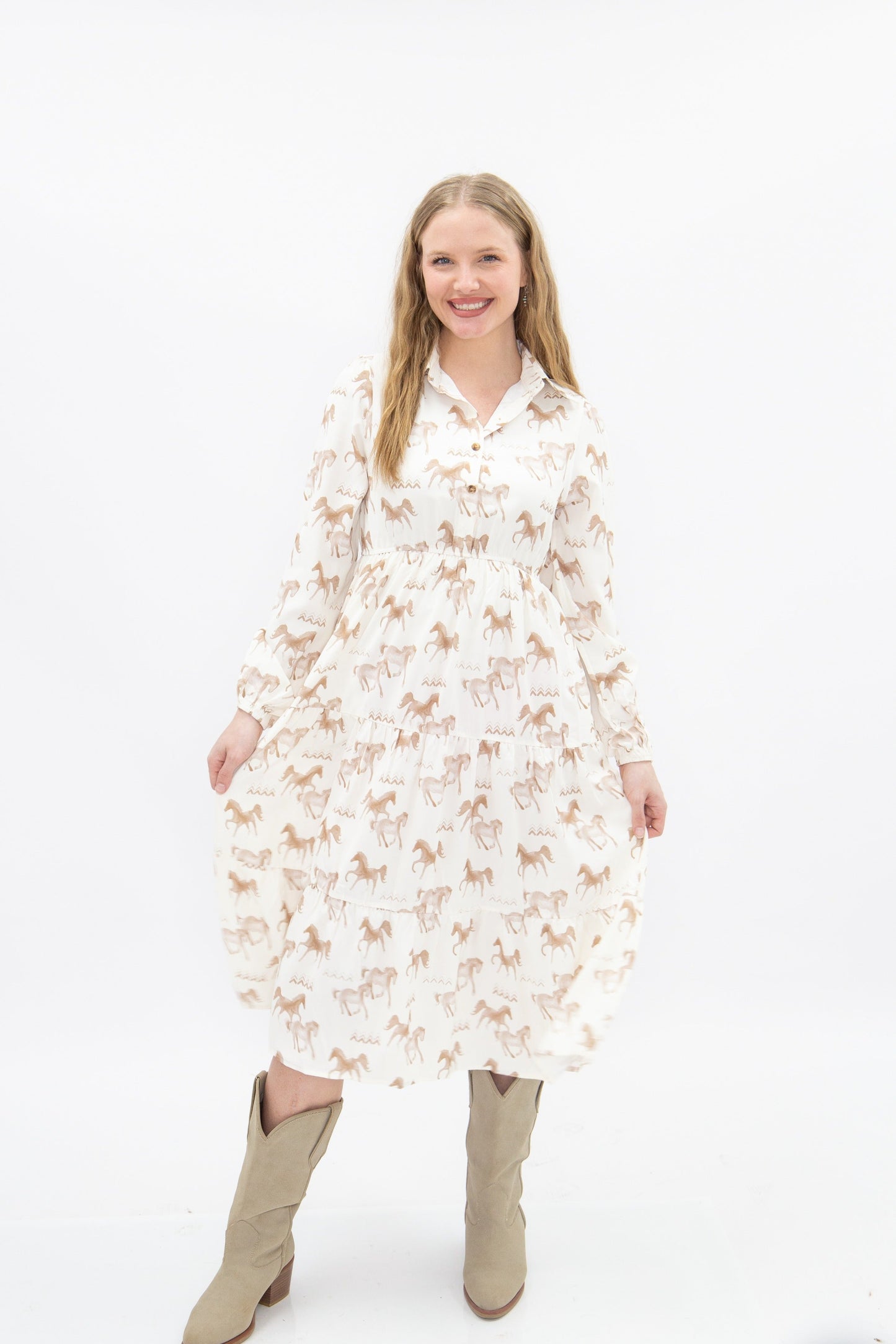 Grace+emma Horse Print Shirt Dress in Ivory view 7 - Horse Print Dress Women