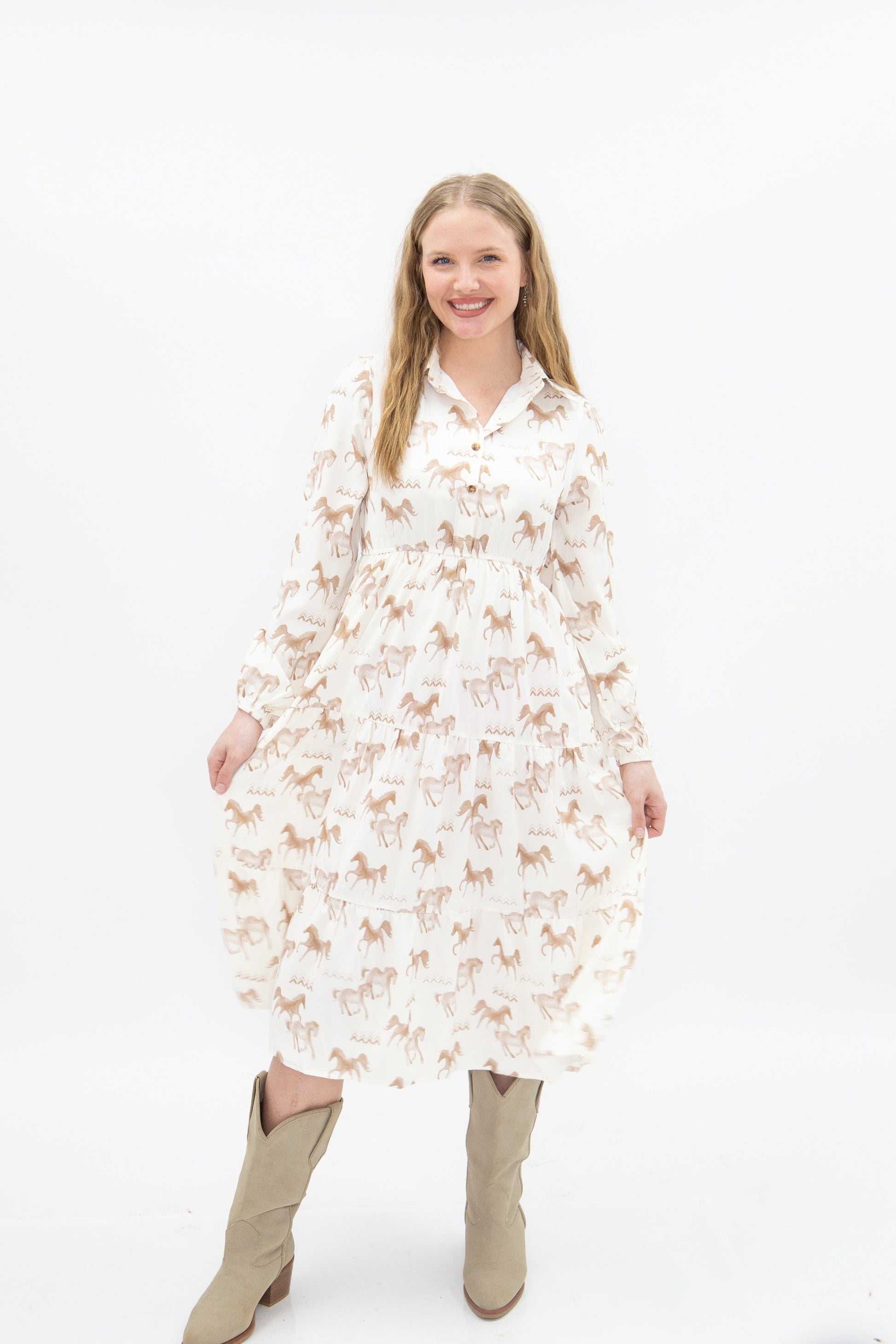 Grace+emma Horse Print Shirt Dress in Ivory view 7 - Horse Print Dress Women