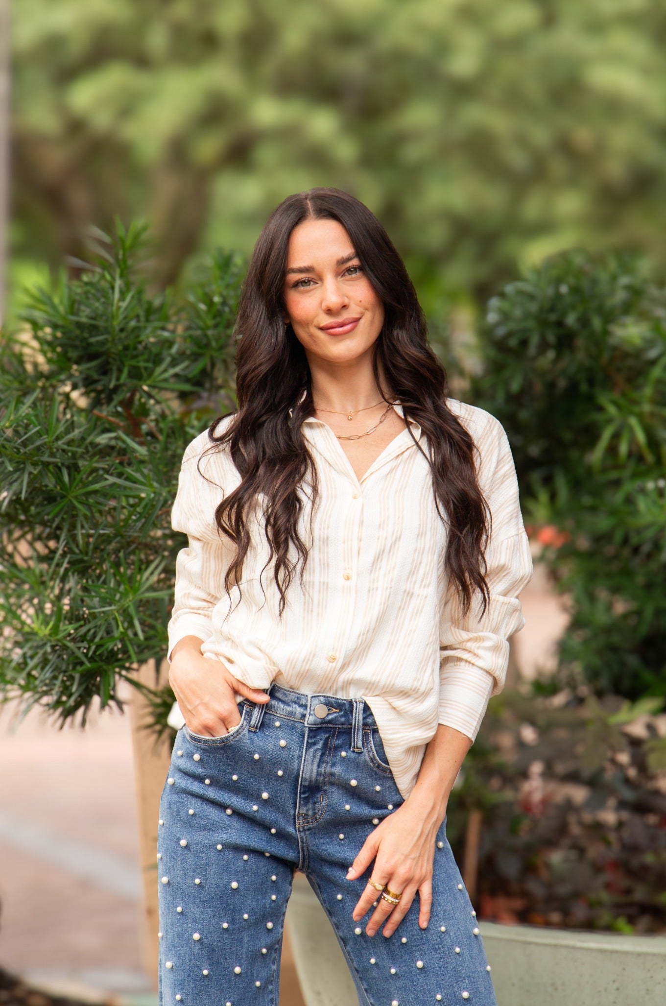 Grace+emma Kathryn Button-up, Beige Stripes Top in Beige