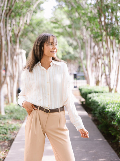 Grace+emma Kathryn Button-up, Beige Stripes Top in Beige view 7