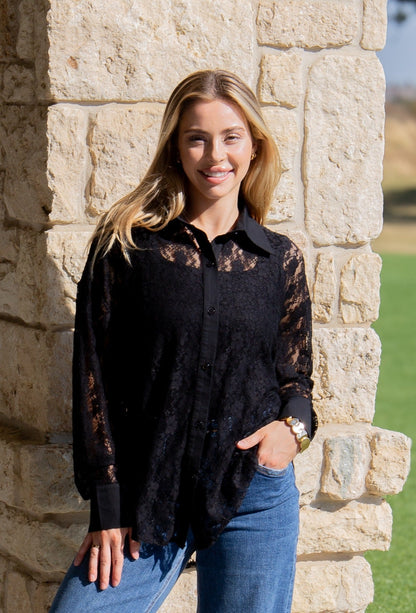 Grace+emma Kathryn Classic Button-up, Black Lace Top in Black