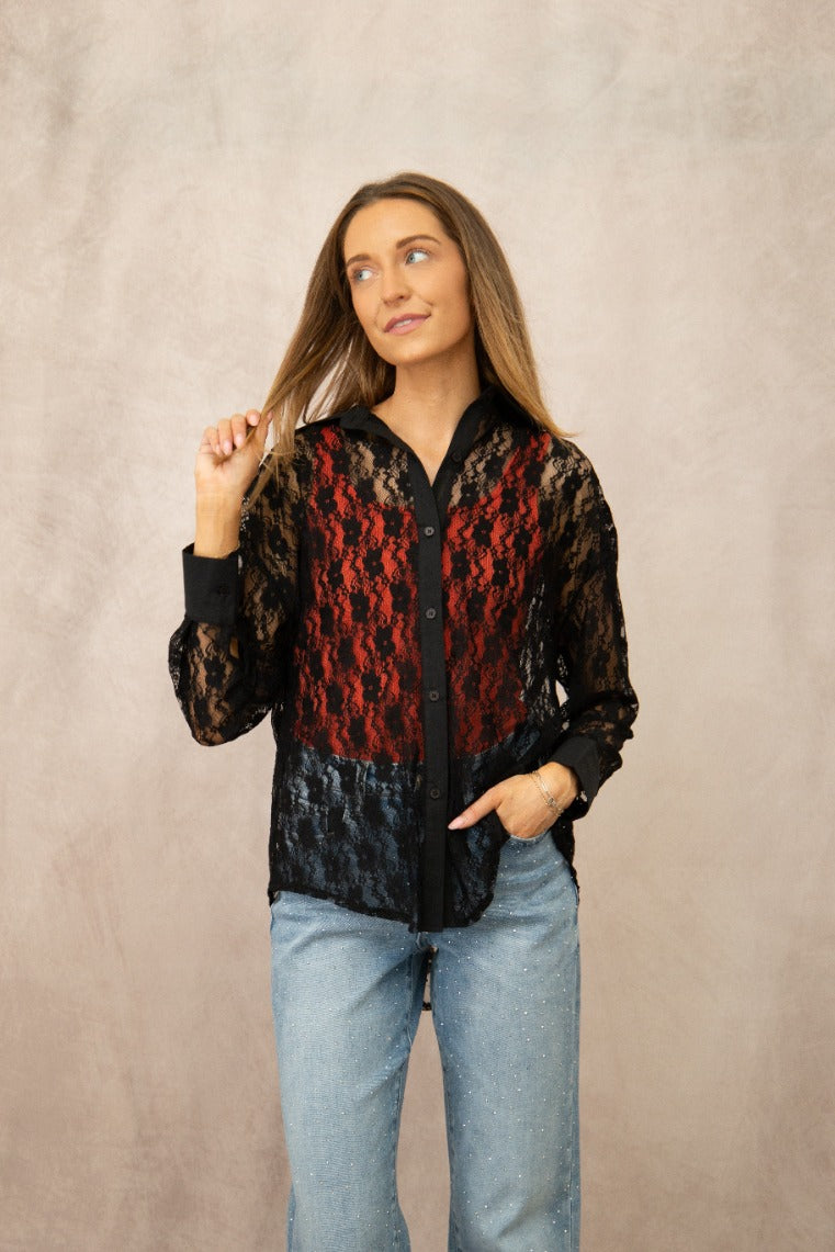 Grace+emma Kathryn Classic Button-up, Black Lace Top view 11