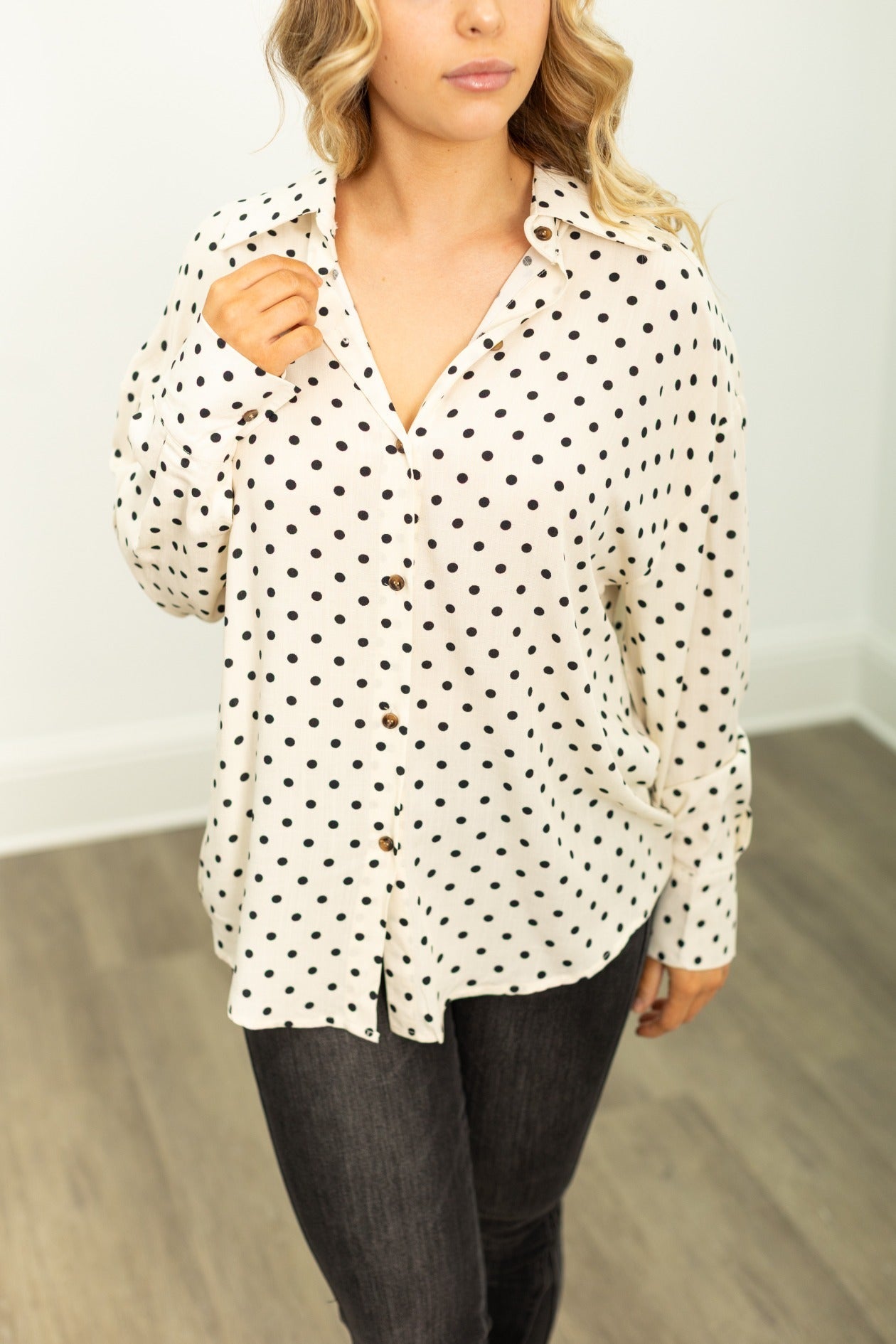 Grace+emma Kathryn Classic Button-up, Ivory Polka-dot Top in Ivory view 4 - Polka Dot Classic