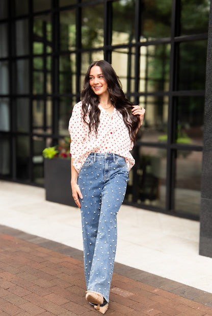 Grace+emma Kathryn Classic Button-up, Red Polka-dot Top in Red view 2 - Polka Dot Classic