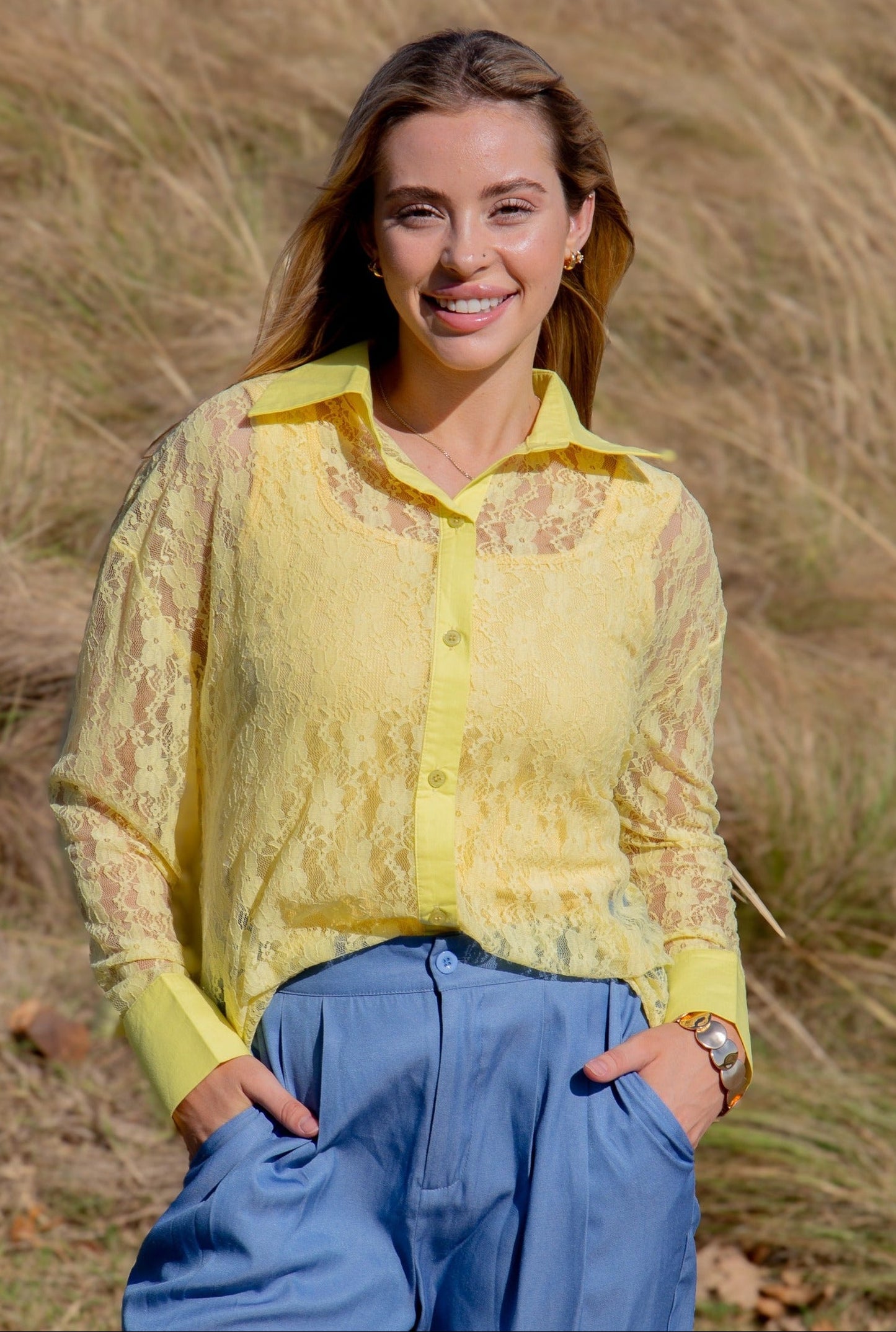 Grace+emma Kathryn Classic Button-up, Yellow Lace Top in Yellow view 5