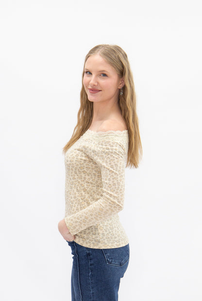 Grace+emma Longsleeve Off-the-shoulder Top with Lace Trim, Leopard in Leopard view 6 - Long Sleeve Off Top