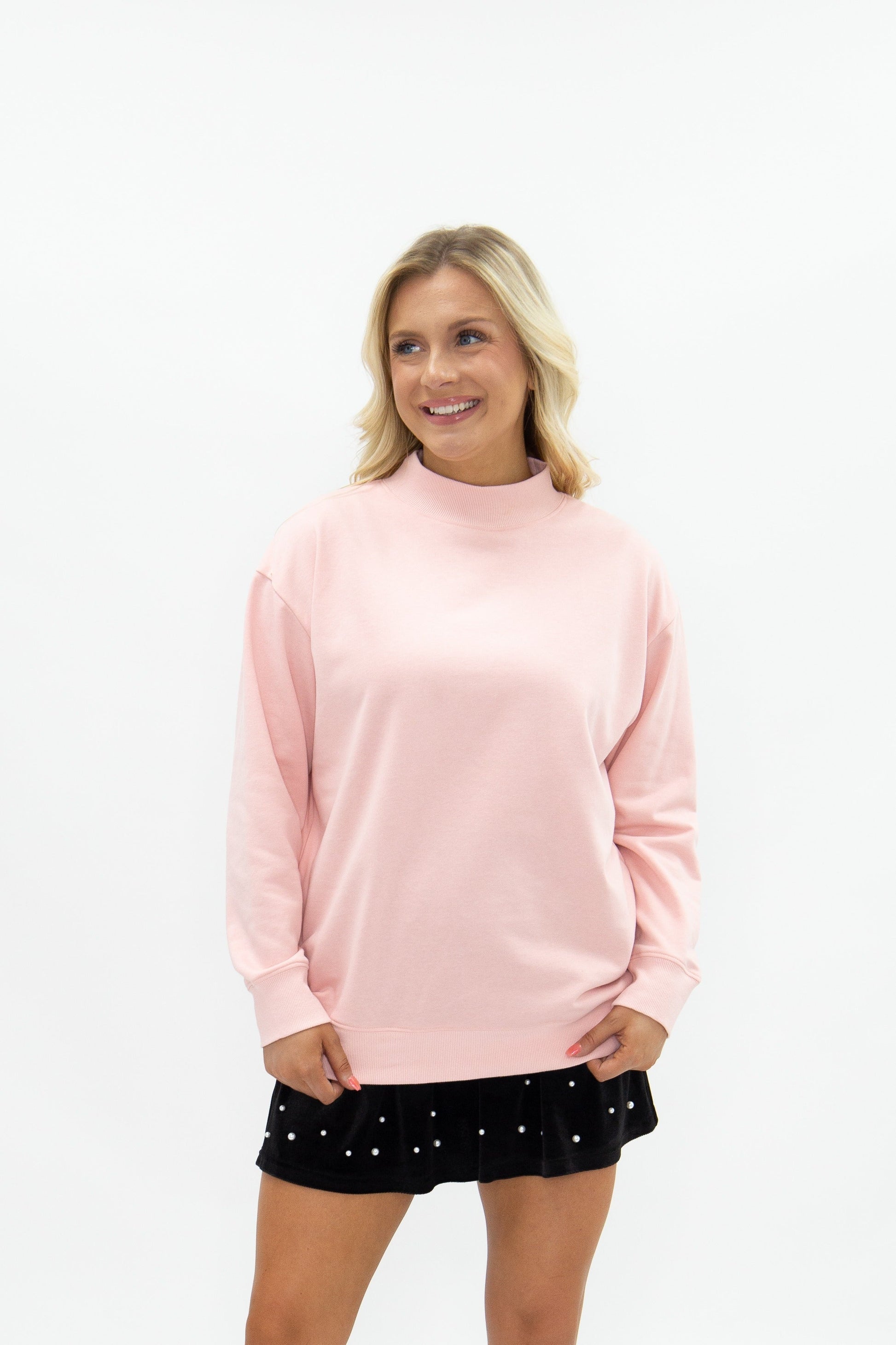 Grace+emma Mock Neck Sweatshirt, Light Pink in Light Pink view 4 - Emma Grace Purple Lipstick (top)