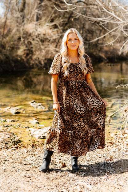Grace+emma Puff Sleeve Midi Dress, Leopard in Leopard - Puff Midi Dress With Sleeves
