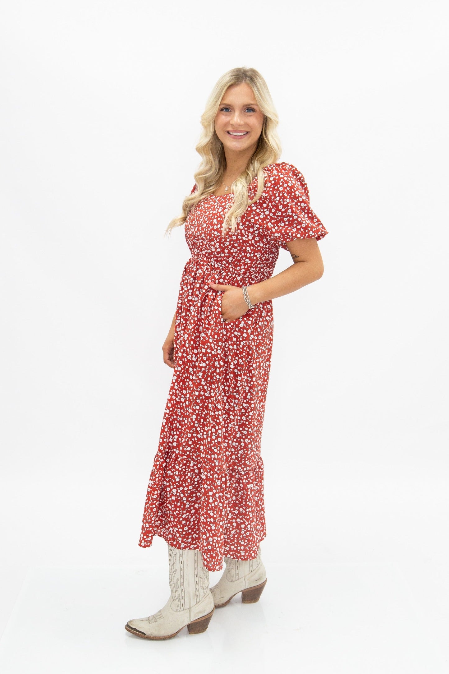 Grace+emma Puff Sleeve Midi Dress, Red Floral in Red view 3 - Puff Midi Dress With Sleeves