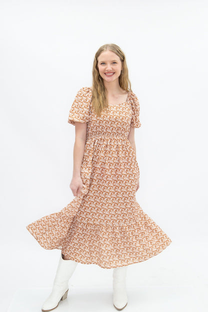 Grace+emma Puff Sleeve Midi Dress, Rust Floral in Rust view 3 - Puff Midi Dress With Sleeves