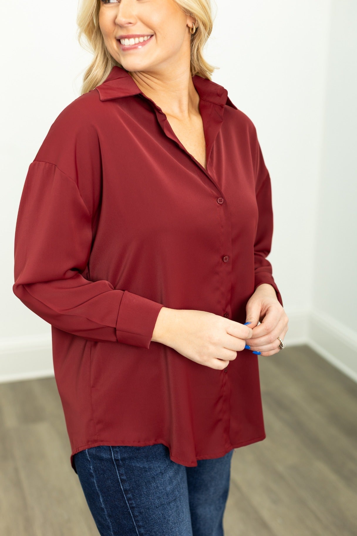 Grace+emma the Kathryn Button-up, Maroon Top in Maroon view 3 - Kathryn Tops