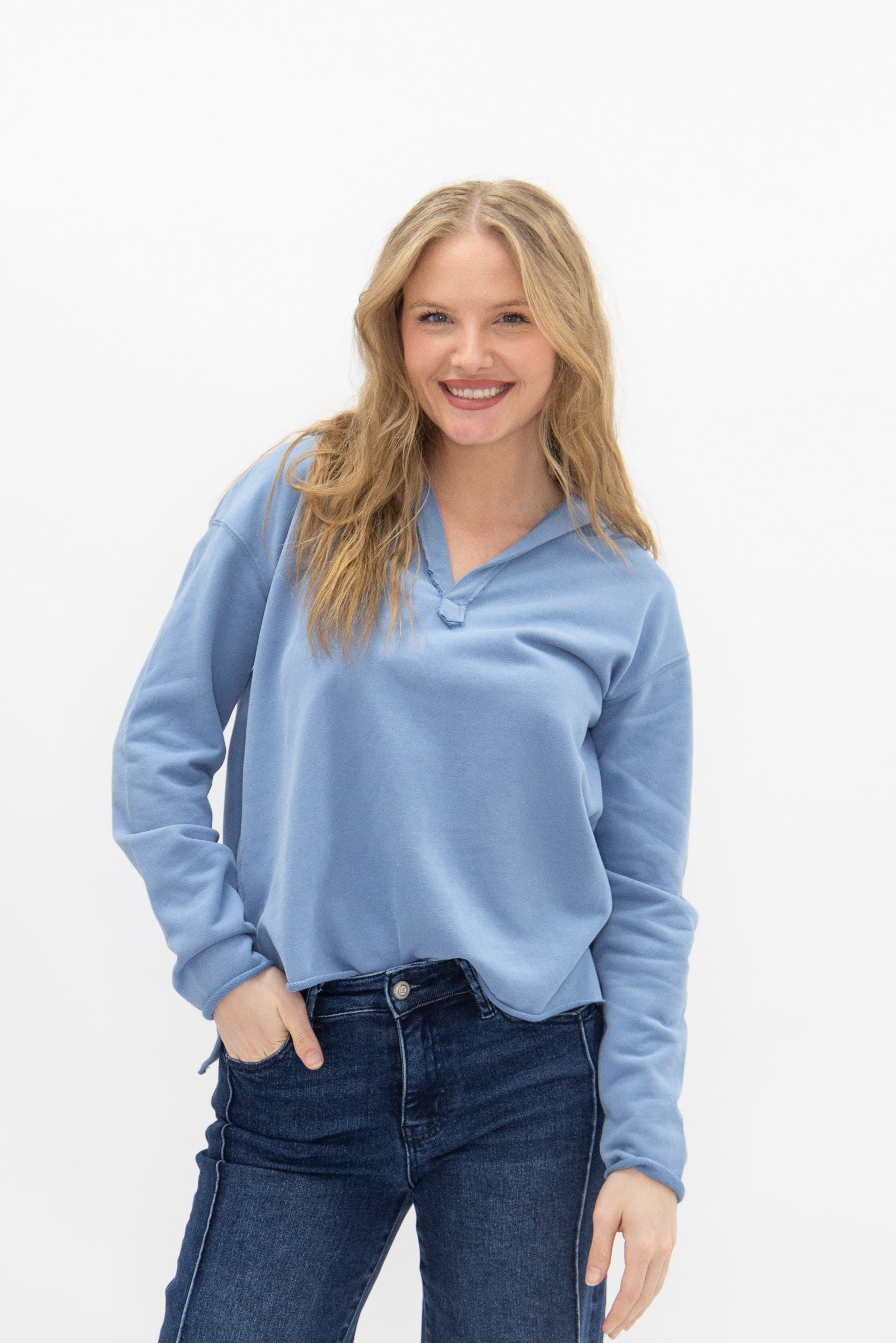Grace+emma V-neck Collared Pullover, Blue Top in Blue view 3 - Blue Collar Pullover