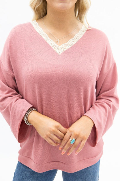 Grace+emma V-neck Top with Lace Trim, Dusty Rose in Dusty Rose view 6 - Lace Trim Tops For Women