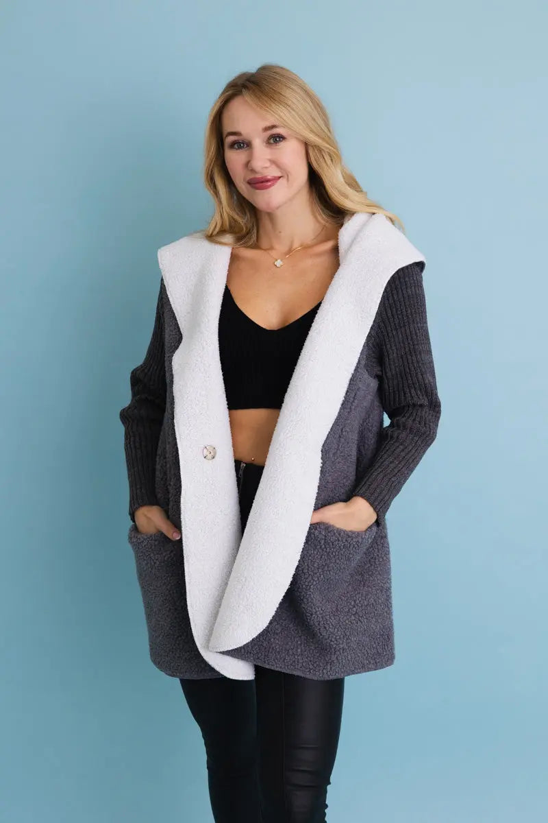 Gray Cozy Sherpa Hooded Cardigan Top - MeeeShop Women's Fashion