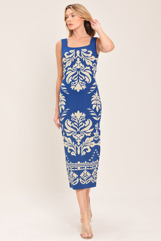 Greek Isle Glam Jacquard Midi Dress in ROYAL - Greek Island Dress